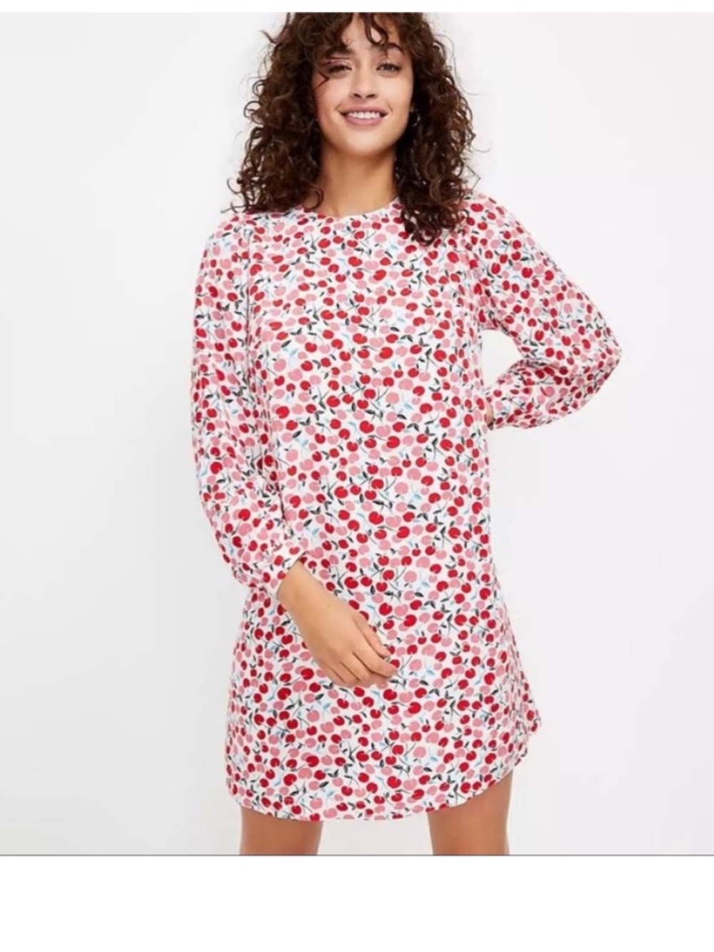 LOFT Red Cherry-Print Long Sleeve Shift Dress